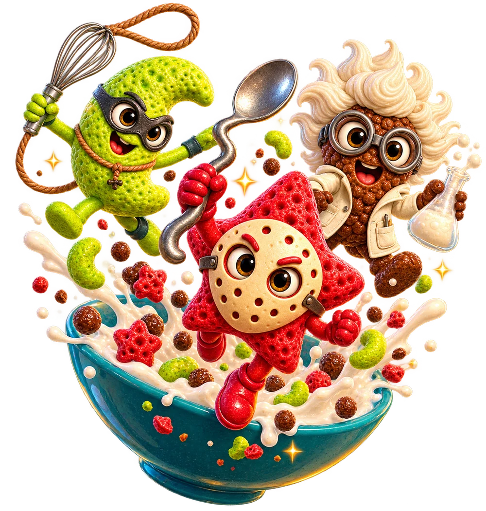 Three mischievous Cereal Spillers bursting from a bowl